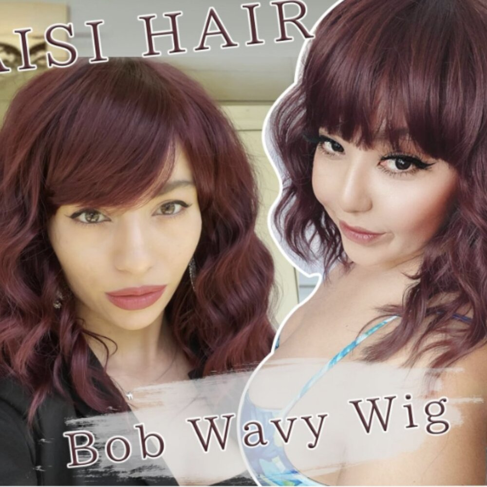 AISI HAIR Wine Red Synthetic Wavy Curly Bob Wig with Bangs